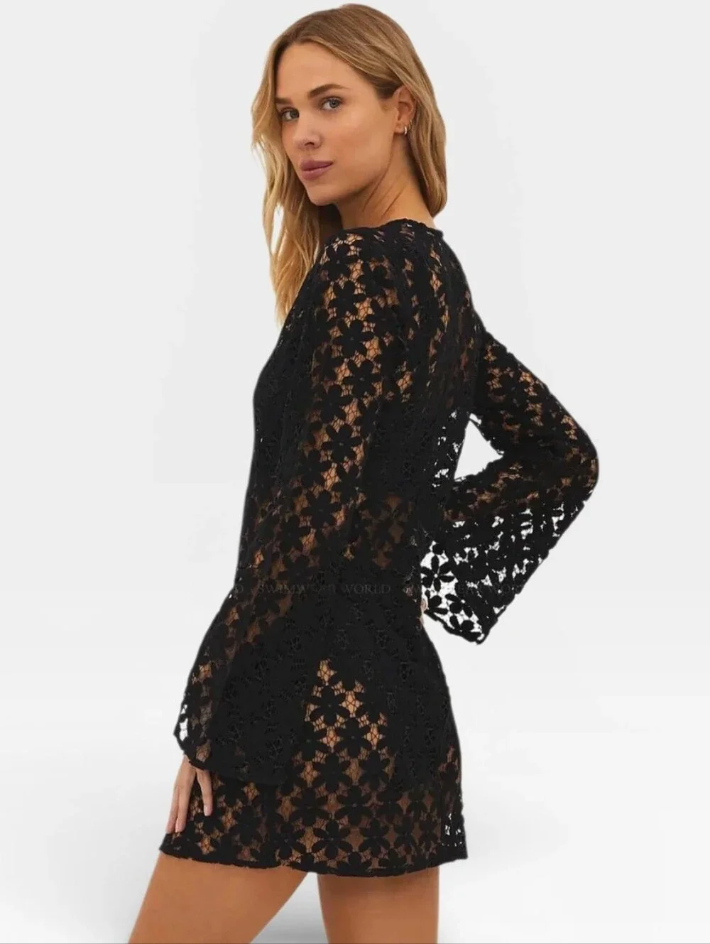 BEACH RIOT Goldie Dress Swimsuit Cover Up Cover-Up Black Lace Bell Sleeve Small
